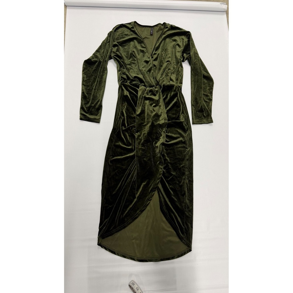Nipami Olive Green Velvet Wrap V-Neck Long Sleeve Tulip Hem Midi Dress Size M